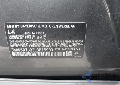 2020 BMW 3 Series 330I xDrive z USA, uszkodzony, nr VIN 3MW5R7J03L8B15900